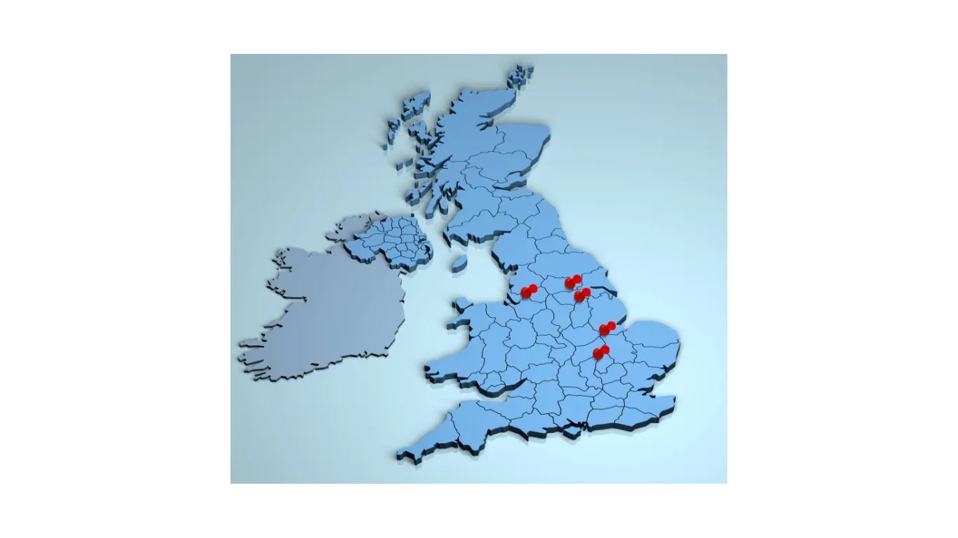 Map of the UK showing the areas where Rent My Block manages apartment blocks